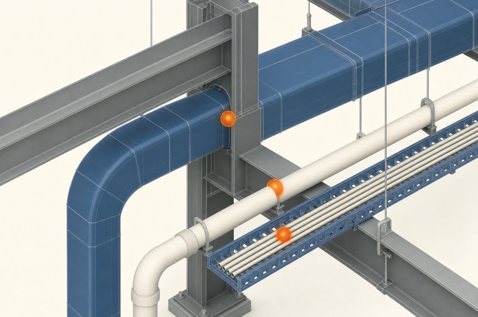Coordination model of ductwork, pipework and cable tray around a steel frame, with clash points marked
