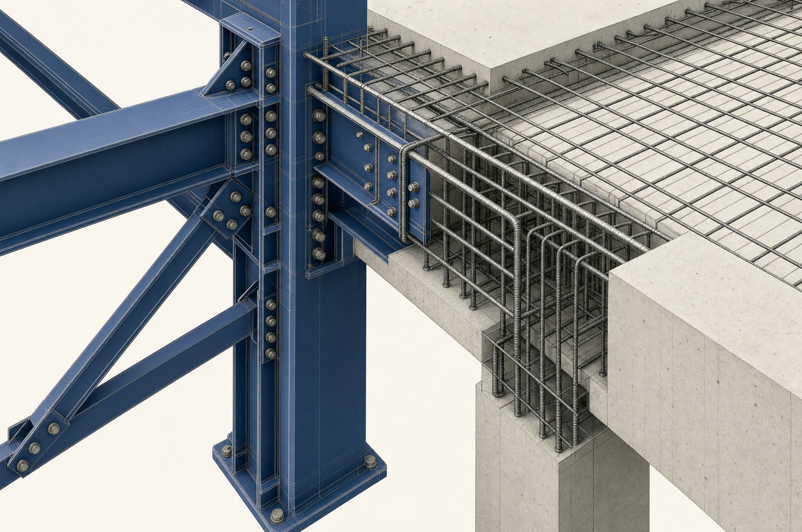 Structural model of a bolted steel column connection beside a reinforced concrete slab with rebar detailing